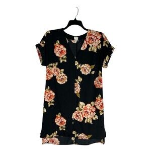 A New Day Shirt Dress Black Red Floral Large V-Neck Knee Length Casual Party